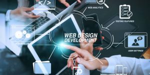 Developing programming and coding technologies with Website design in virtual diagram.co working team meeting concept,businessman using smart phone and digital tablet and laptop computer and name tag in modern office