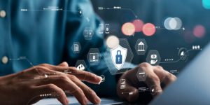 cybersecurity concept Global network security technology, business people protect personal information. Encryption with a padlock icon on the virtual interface.